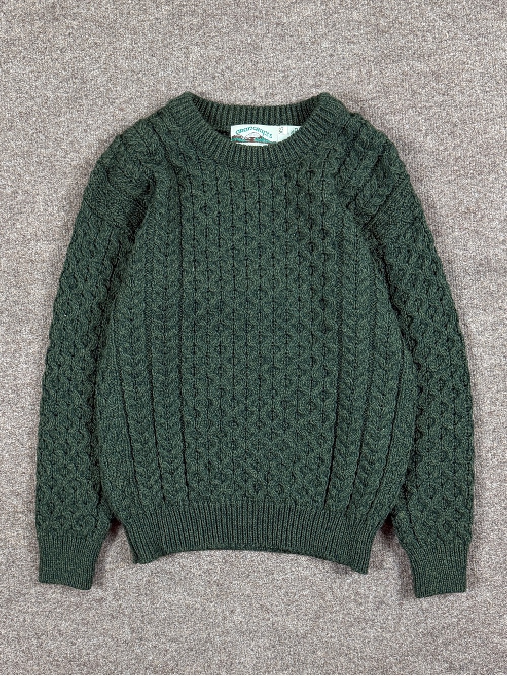 Vintage Aran Crafts Green Chunky Cableknit Fisherman Crewneck Wool Sweater XS
